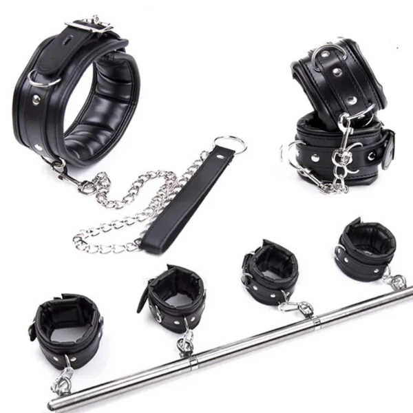 Stainless Steel Adjustable Open Leg Bar Handcuffs Ankle Cuffs  Dog Collar Bondage Set